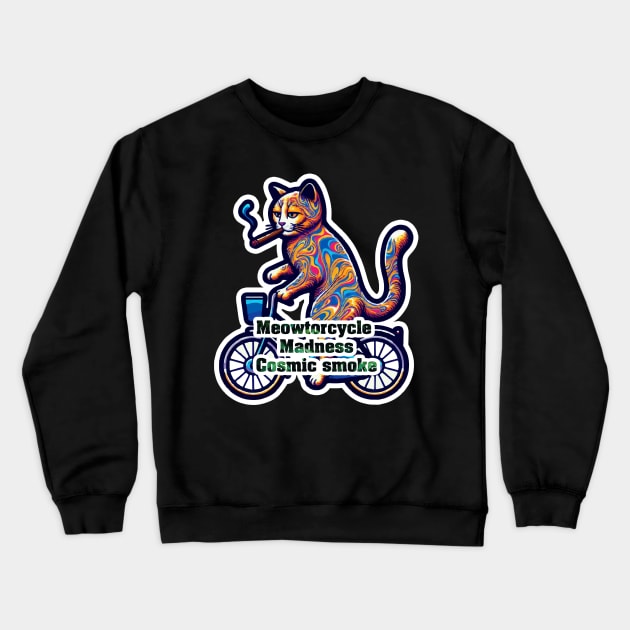 Psychedelic Cat on a Bike Smoking a Cigarette - Meowtorcycle madness Crewneck Sweatshirt by diegotorres